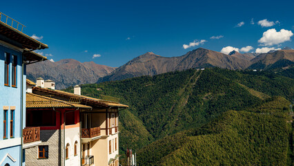 Sochi, Krasnaya Polyana, Russia - September 2021: panorama of the mountain peaks