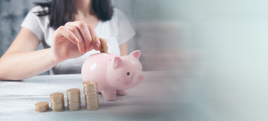 puts a coin in a piggy bank and next to a graph of coins