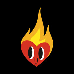 Cute burning heart smiles, cartoon style, funny Comic character.
