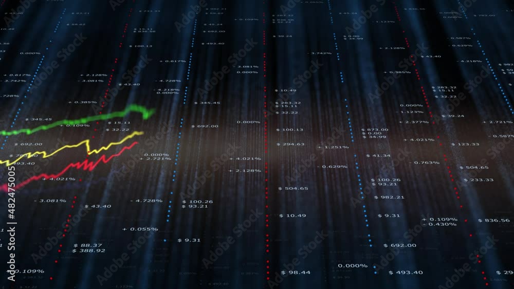 Poster artistic business graph chart with motion stock line on dark info graphic background animation.