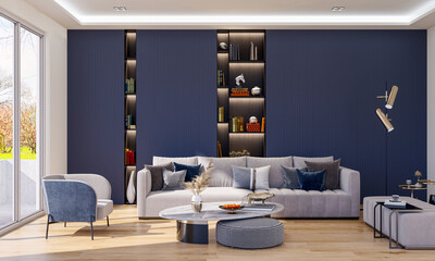 Illustration 3D rendering large luxury modern bright interiors Living room mockup computer digitally generated image