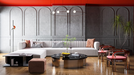 Illustration 3D rendering large luxury modern bright interiors Living room mockup computer digitally generated image