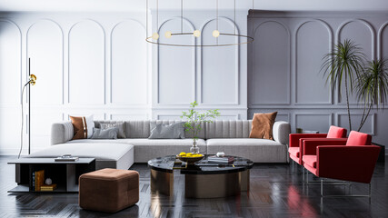 Illustration 3D rendering large luxury modern bright interiors Living room mockup computer digitally generated image