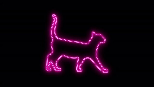Pink Color Neon Line Light Cat Icon animation. Isolated on black background. Glowing neon line cat animation. Digital cat icon. Led Light Animal.