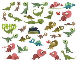 Obraz premium Cartoon dinosaurs. Cute dino toys. Children characters baby. Big set. Isolated on white background. Vector