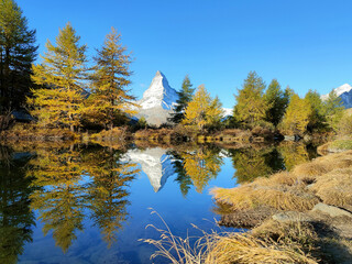 The Grindjisee is a mountain lake above Zermatt in Switzerland. When there is no wind, the...