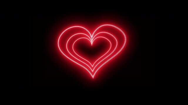 Animated beating heart icon with red neon light effect isolated on black background. Valentines day design element. 