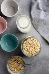 Breakfast cereals. Uncooked oatmeal. Raw oat flakes.