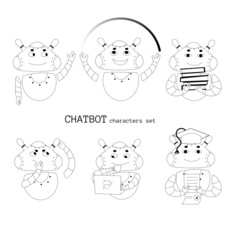 Chat bot characters set. Black line illustration chatbots. Cute robot chracters. Mascot robot. Clip art ai. Vector illustration