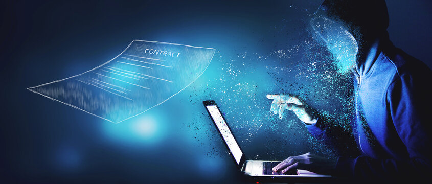 hand drawn contract sheet. illustration. hacker vaporizes holding a laptop