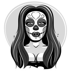 Dia de los muertos, Day of the dead, Mexican holiday, festival. Poster, banner and card with make up of sugar skull, woman with flower crown. Halloween concept