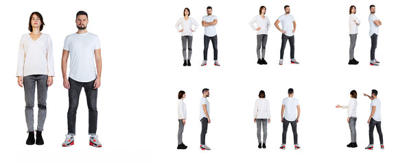 Collage. Full-length portraits of woman and man posing in casual cloth, standing in a line isolated over white studio background
