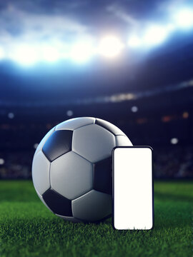 Sport etting bookmaker application with soccer ball and smartphone on stadium background. 3d Illustration