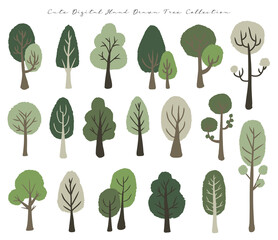 set of  cute hand drawn digital green trees