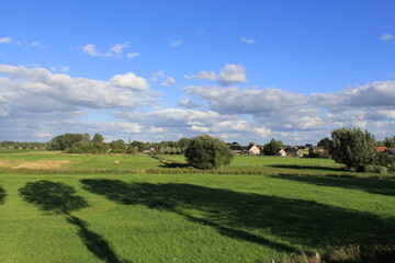 Fototapeta na wymiar a typical dutch landscape with an old green grassland with ditches and trees and a little village 'Vogelwaarde' in zeeland and blue sky with white clouds in the background