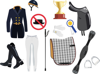 Collection of various horse dressage tools and riding wear vector illustration - obrazy, fototapety, plakaty