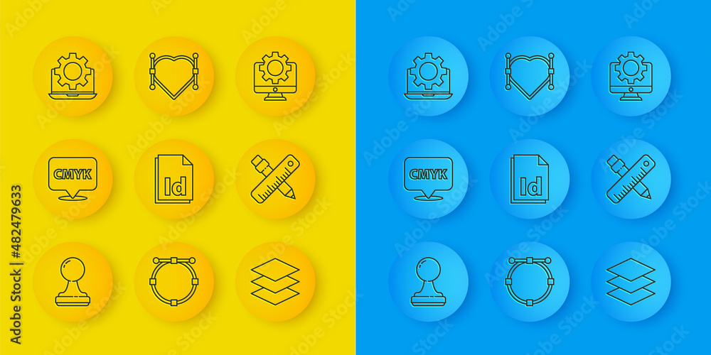 Poster set line stamp, speech bubble with text cmyk, id file document, layers, crossed ruler and pencil, la