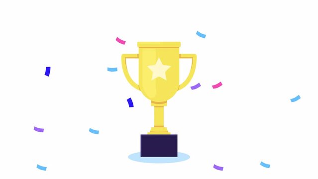 Golden trophy cup and confetti animation. first place label, success win, champion reward. Business or sports achievement. Competition winner, First place prize, victory, present, surprise celebration
