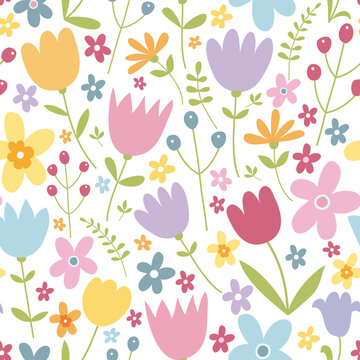 Seamless pattern with cute flowers and plants. Floral texture on white background. Vector illustration. Can be used for wallpapers, wrappers, cards, patterns for clothes and other.