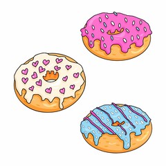 Set of hand-drawn donuts in cartoon flat style. Bright sweet doughnuts in colored glaze with sprinkles. Vector illustration isolated on white background. For menus, cafes, children's and kitchen decor