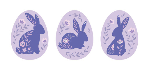 Happy Easter. Easter bunnies in eggs are decorated flowers. Hares are sitting, a set of illustrations in a flat style, very peri color.