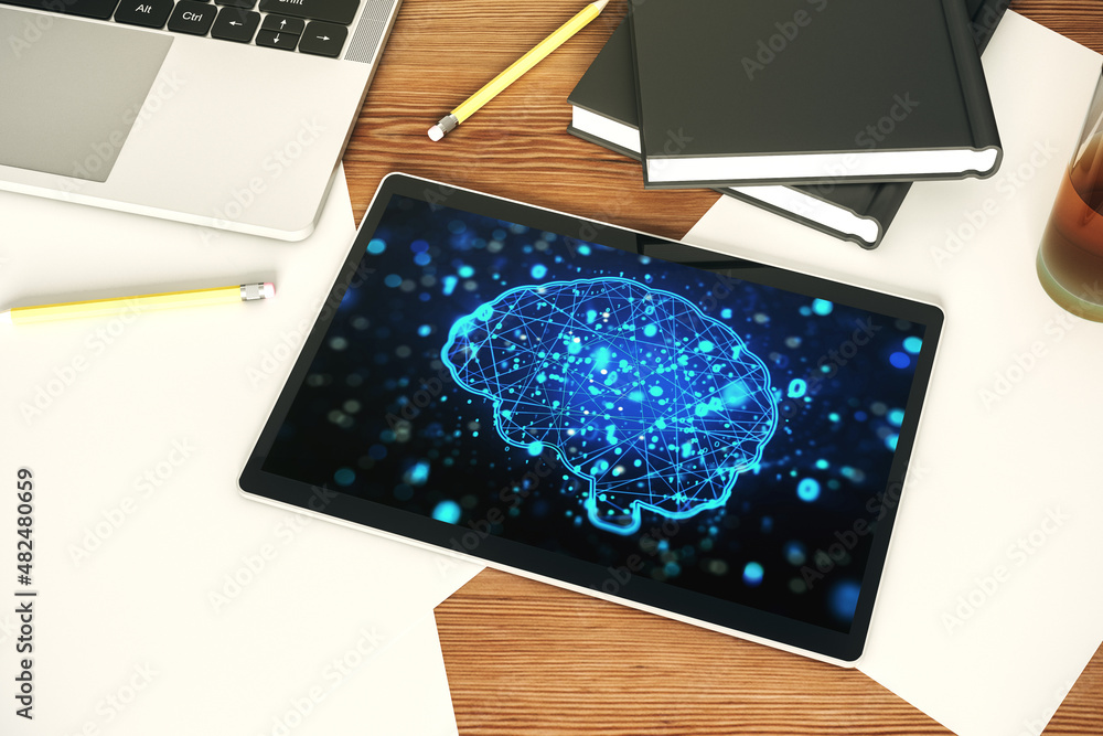 Leinwandbilder Top view of modern digital tablet screen with creative human brain microcircuit. Future technology and AI concept. 3D Rendering