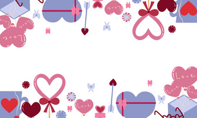 Beautiful banner for Valentines Day February 14. Festive decor. Sweet gifts and ice boxes in the form of hearts, a box with balloons, a mug, a key. Vector illustration in flat and cartoon style.