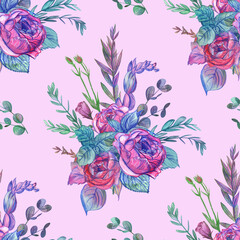 Seamless botanical pattern with vintage bouquet of roses drawn with watercolor and pencil. Vintage print for girly textiles and surface designs