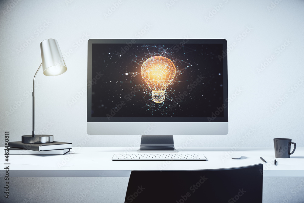 Poster modern computer monitor with creative light bulb hologram, research and development concept. 3d rend