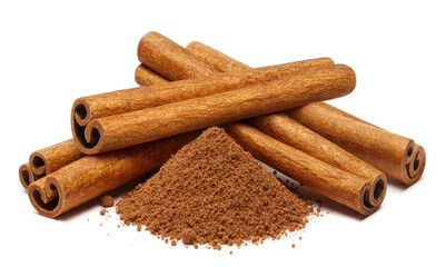 Group of delicious cinnamon sticks and powder, isolated on white background