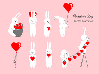Bunny vector illustration set. Valentine’s Day element. Character design banner cute animal with red hearts for Valentine day. Doodle cartoon style. Cute sticker of couple baby rabbit, bunny. Greeting