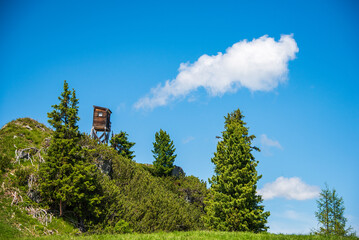 Wooden observation pulpit, hunting tower. Beautiful nature in the Austrian Alps. Zauchensee, Flachauwinkl during summer. Mountain landscape of the Zauchenseeregion in Salzburg, Austria