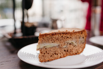 Slice of banana cake stuffed with bananas