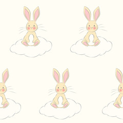 Cute Easter Bunny on a Cloud Seamless Pattern