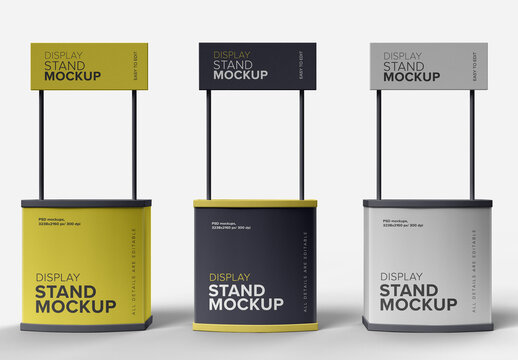 Display Stand Mockup &ndash; Triple Promotional Booth Setup for Product Sampling, Trade Show, or Retail Advertising Presentation