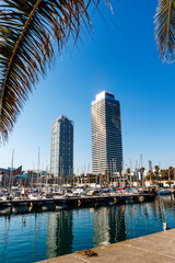 Plakat View at the towers in Port Olympic, the Olympic harbor in Barcelona, Catalonia, Spain