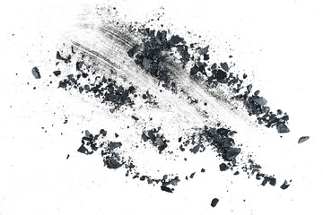 Pile of  black coal dust with fragments isolated on a white background, top view.