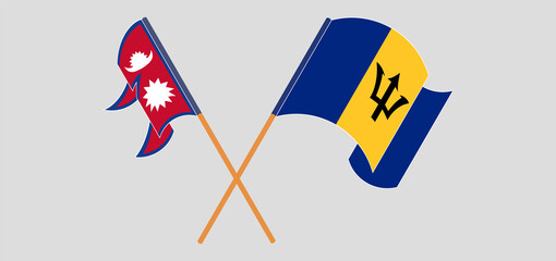 Crossed and waving flags of Nepal and Barbados