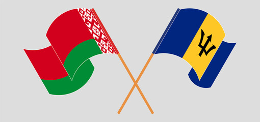 Crossed and waving flags of Belarus and Barbados