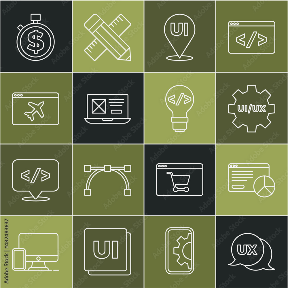 Poster set line ui or ux design, website statistic, template, time money and front end development icon. ve