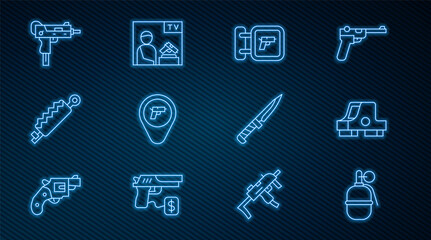 Set line Hand grenade, Collimator sight, Hunting shop weapon, Location with, Trap hunting, UZI submachine gun, Military knife and Advertising icon. Vector