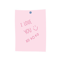 Love note with emoticon. Writing on paper. Vector flat style illustration. Isolated on white background.