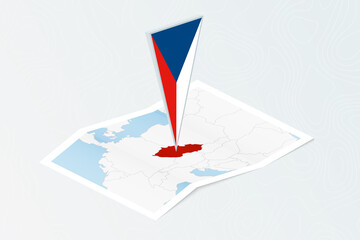 Isometric paper map of Czech Republic with triangular flag of Czech Republic in isometric style. Map on topographic background.