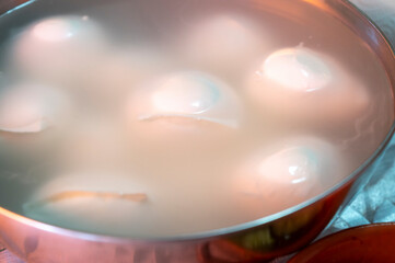 Cheese collection, white balls of Italian soft cheese mozzarella di bufala campana floating is water