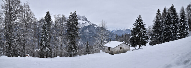 Winter landscape in the French Alps: panoramic view with a little house, trees and mountains