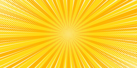 Obraz premium Pop art yellow comics book cartoon magazine cover. Cartoon funny retro pattern strip mock up. Vector halftone illustration. Vintage backdrop for comic superhero text, speech bubble, message.