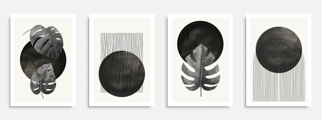 Abstract geometric, natural shapes poster set in mid century style. Modern illustration: tropical palm leaf, geo elements for minimalist print, poster, boho wall decor, flat design Vector minimal art © Tymofii