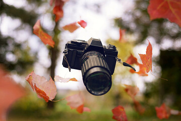 camera falling with leaves in air