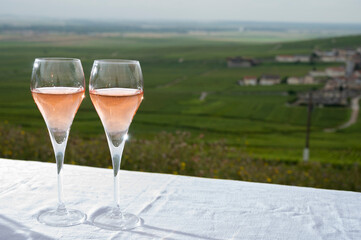 Tasting of rose brut champagne wine with view on green pinot noir grand cru vineyards of famous champagne houses in Montagne de Reims near Verzenay, Champagne, France