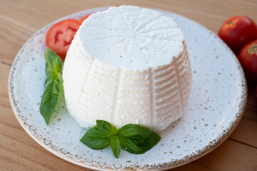 Cheese collection, white Italian soft cheese ricotta served with fresh tomatoes and basil
